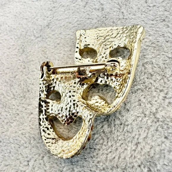 Vintage Gold Tone Aurora Borealis Rhinestone Comedy Tragedy Theater Mask Brooch - Picture 5 of 5